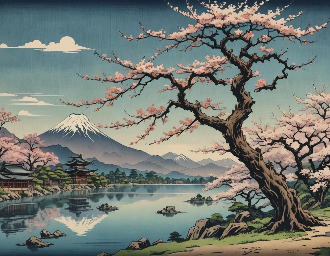 Sakura Tree by Lake, Japanese Woodblock Print