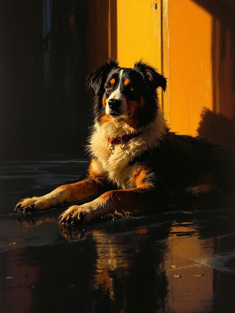 Dog in Sunlight: Film Noir Painting with Bold Colors