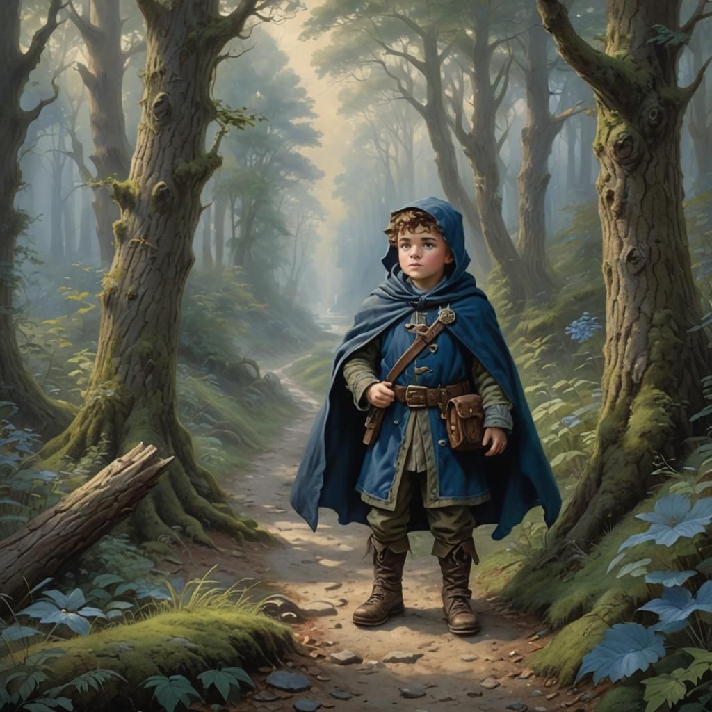 Halfling Ranger Keeping Watch on Forest Trail