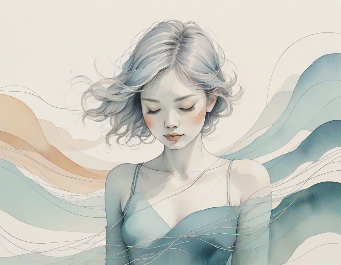 A Serene Figure on a Wave in Japandi Style