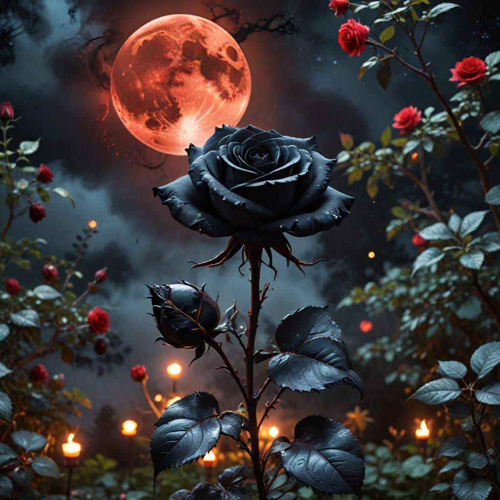 Giant Black Rose Burns Under Blood Moon in Magical Garden