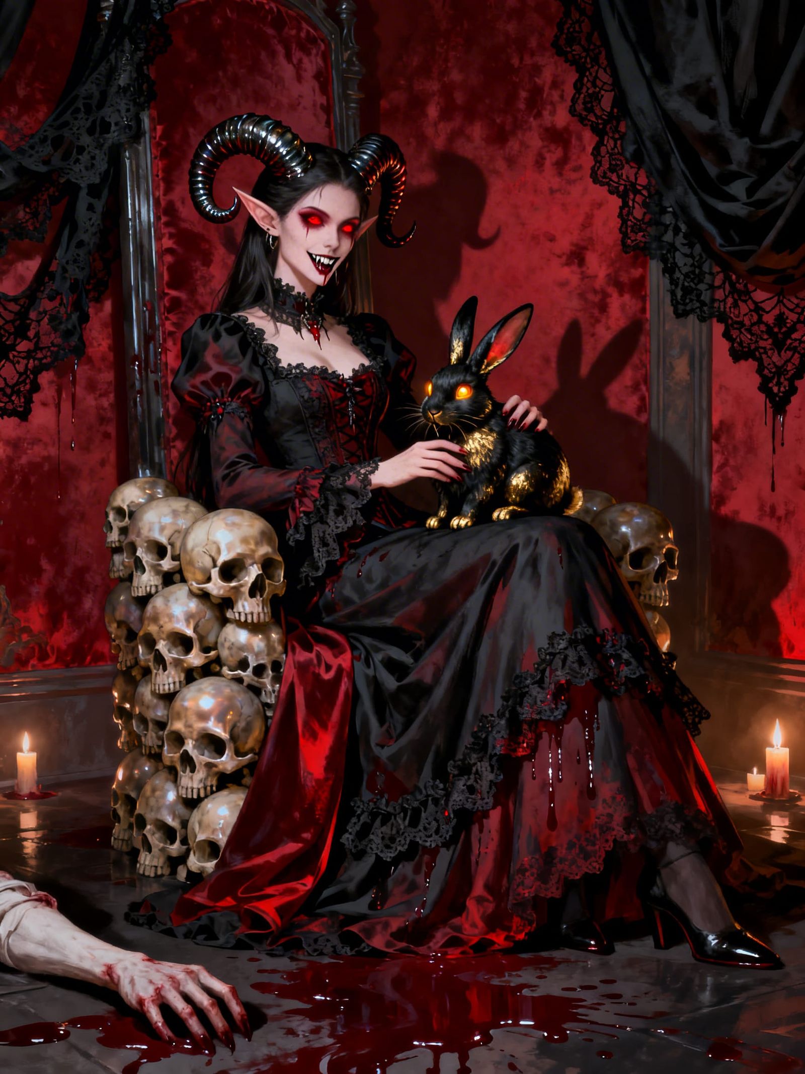 Gothic Elven Vampire with Horns and Red Velvet