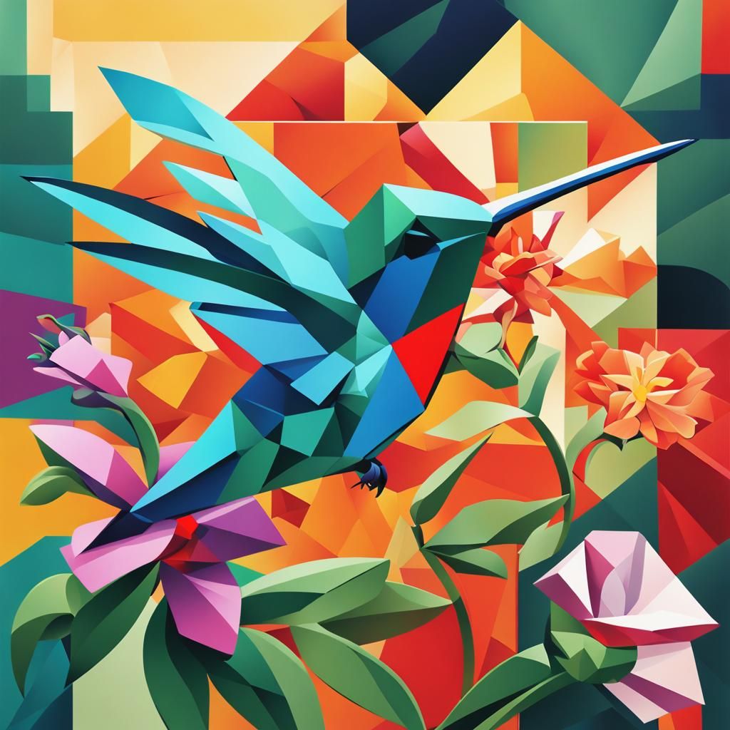 Hummingbird and Flower in Cubist Art Deco Style