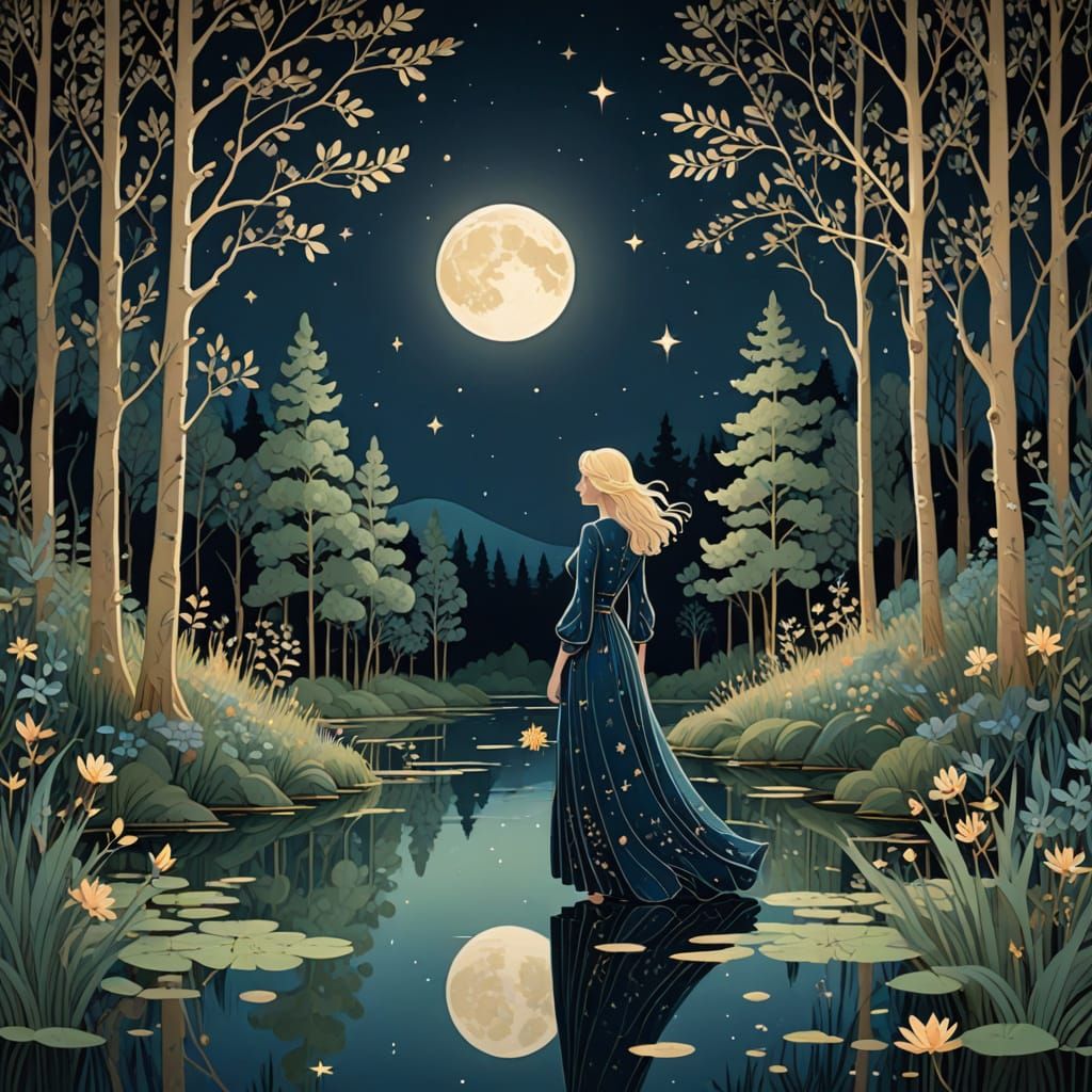 Storybook Illustration of Woman in Star Gown in Forest