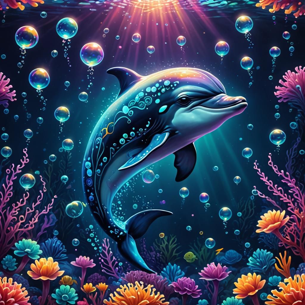 Mystical Glowing Baby Dolphin in Marine Landscape