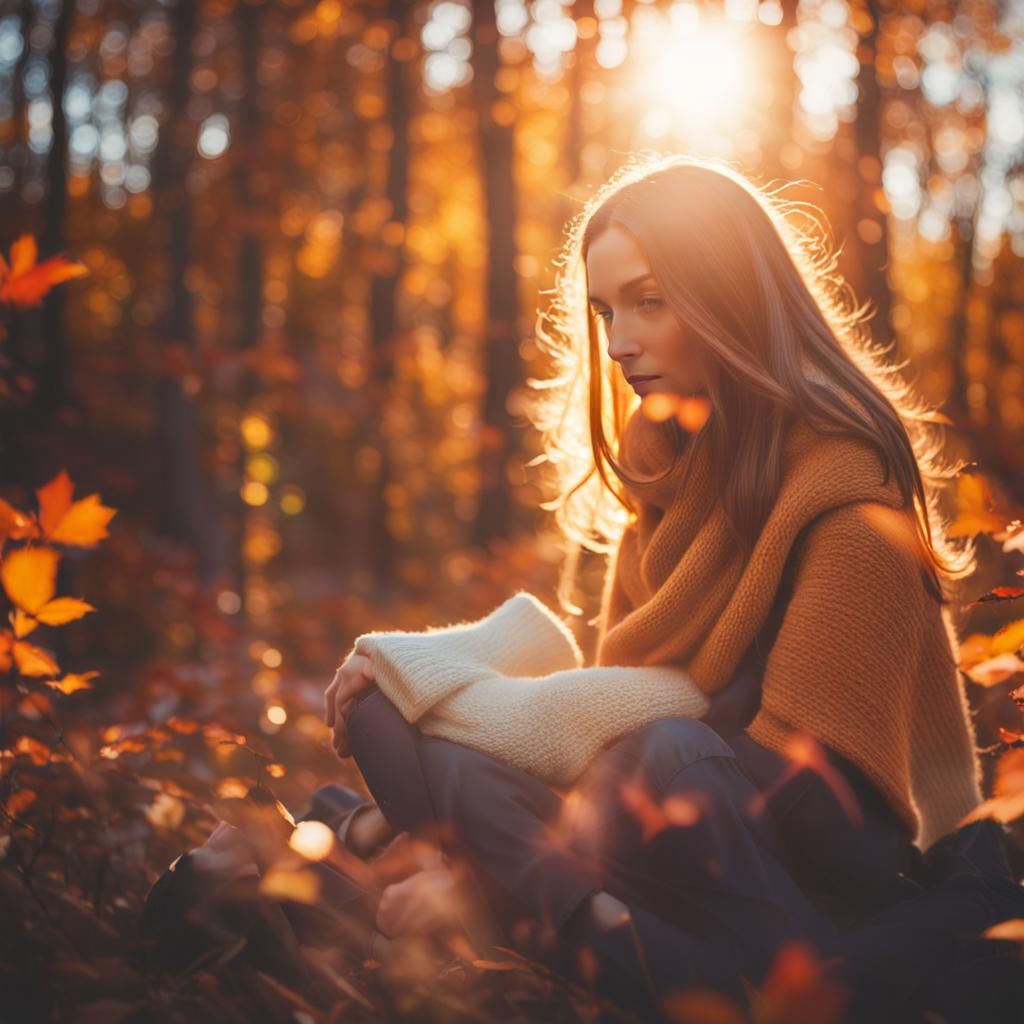 Mysterious Woman in Autumn Forest at Golden Hour