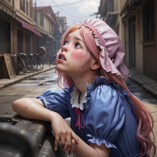 Distressed Maid in Street Gutter: Hyperrealistic Art