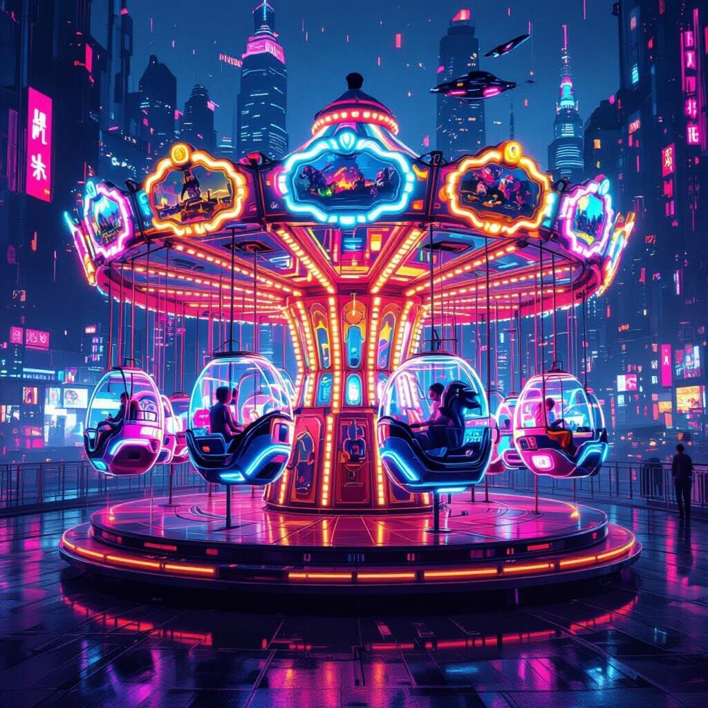 Futuristic Neon Carousel in Cyberpunk City