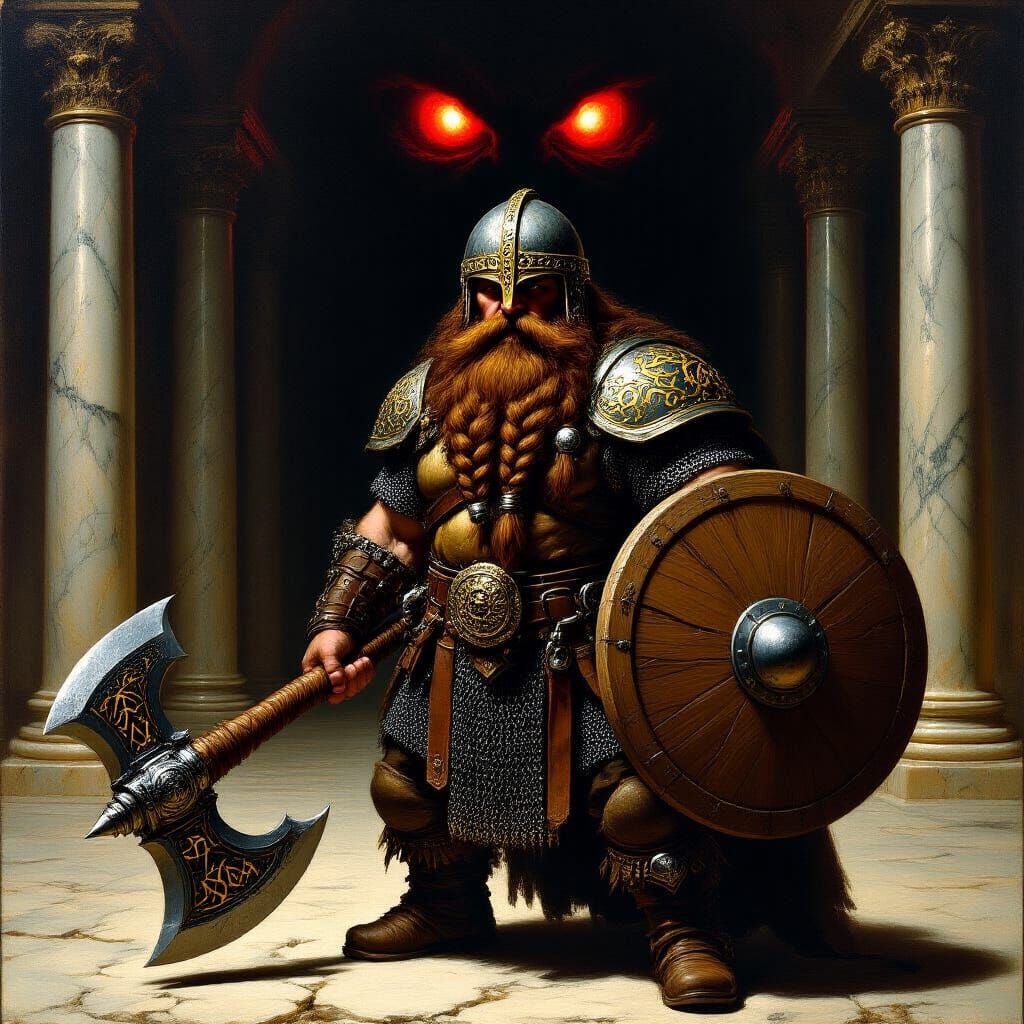 Dwarf Warrior in Grand Hall with Ominous Eyes