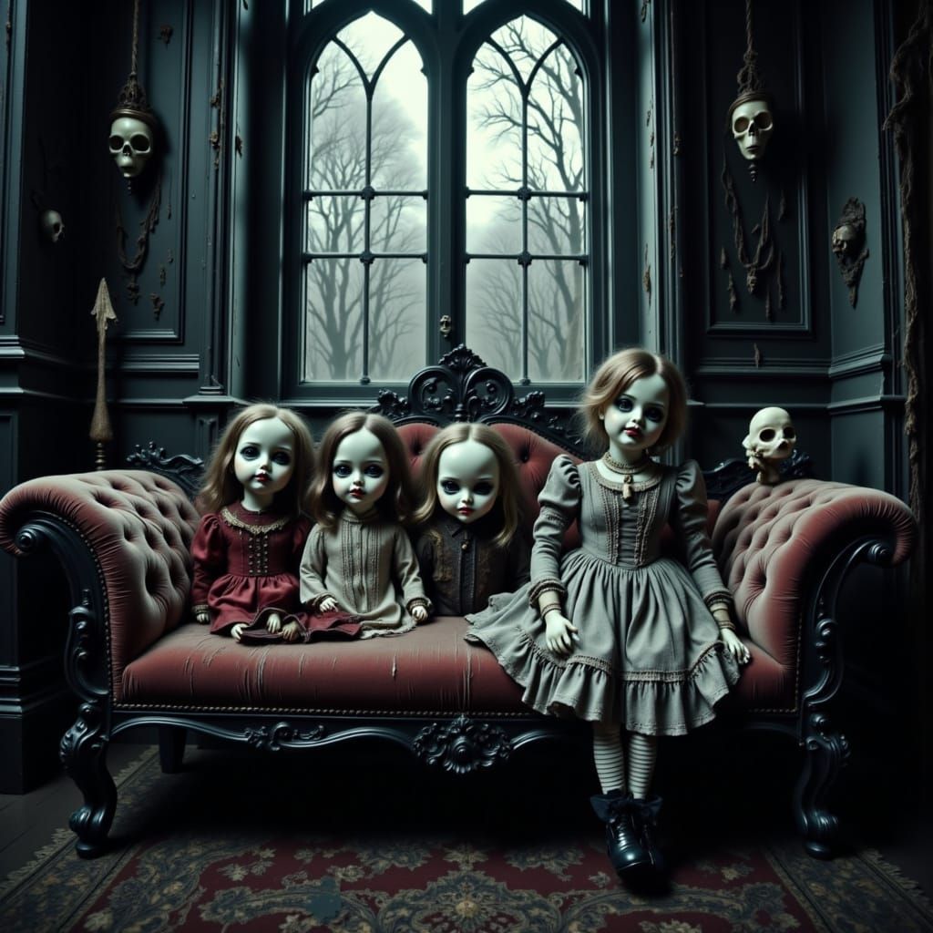 Gothic Mansion Antique Dolls on Velvet Chaise Lounge