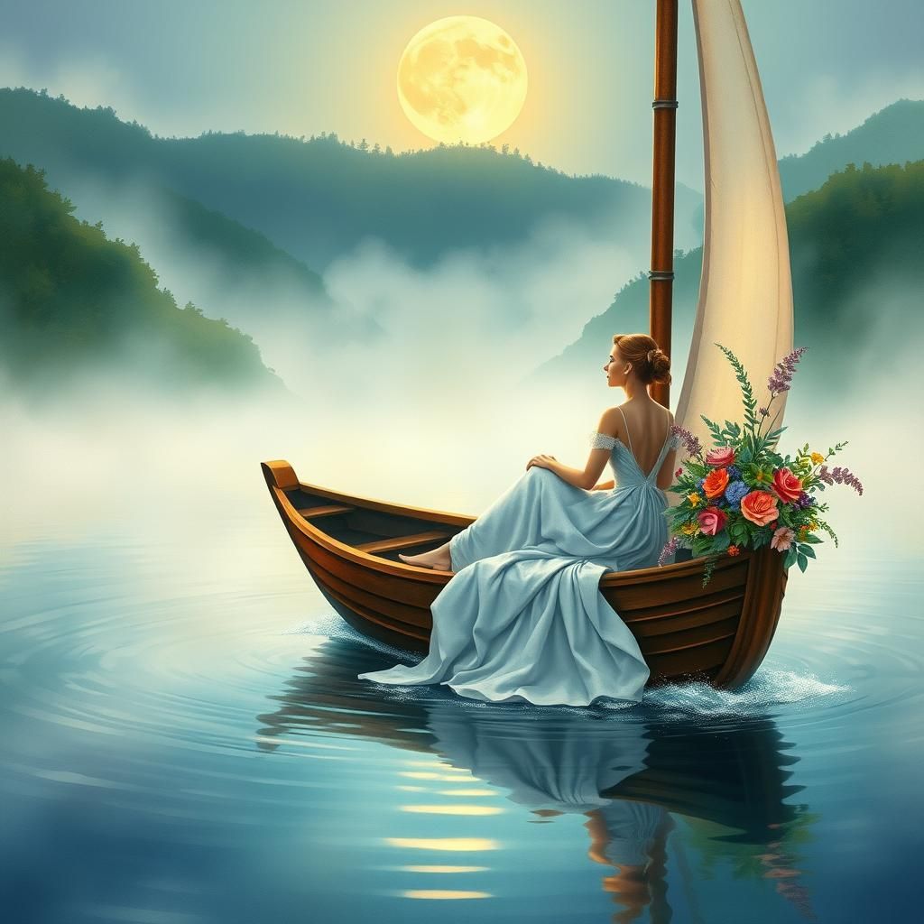 Dreamlike Sailboat Scene in Watercolor Style