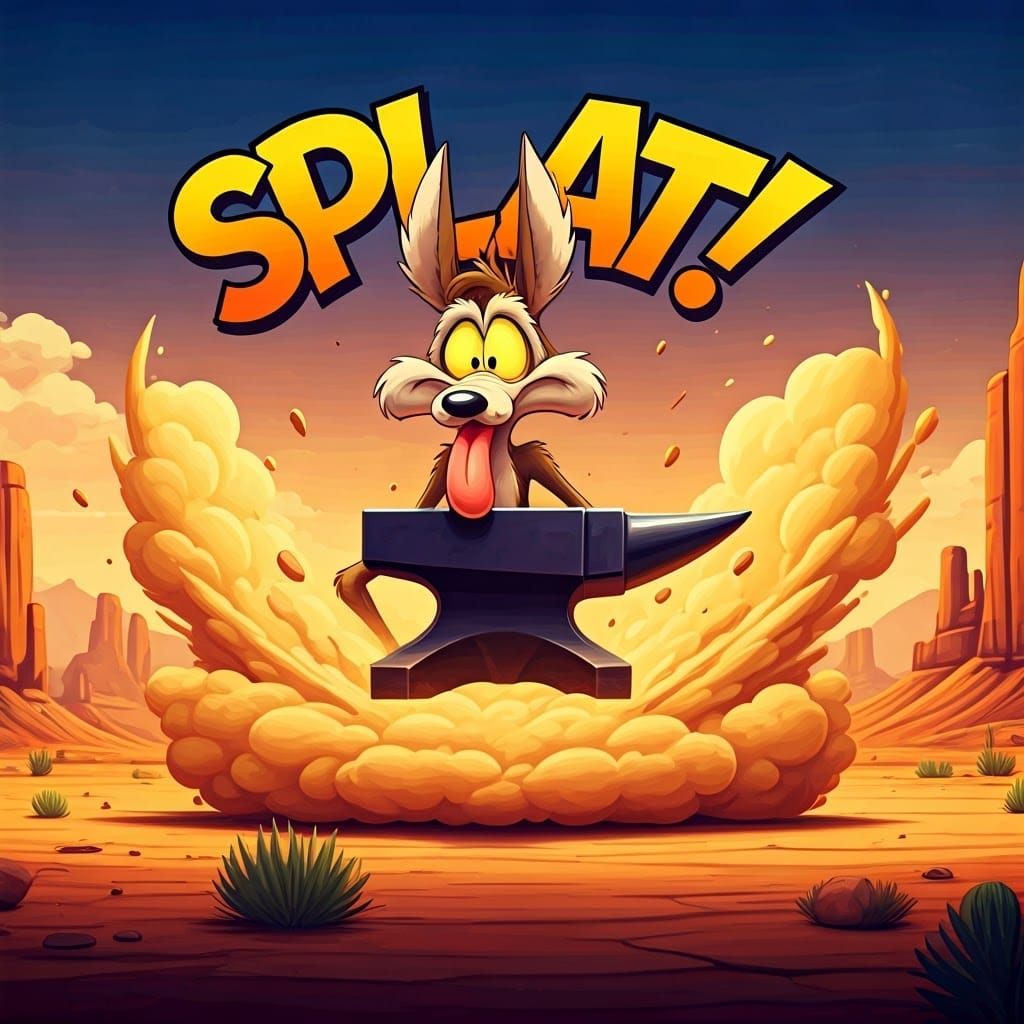 Coyote's Close Call: Anvil in Desert Cartoon Style