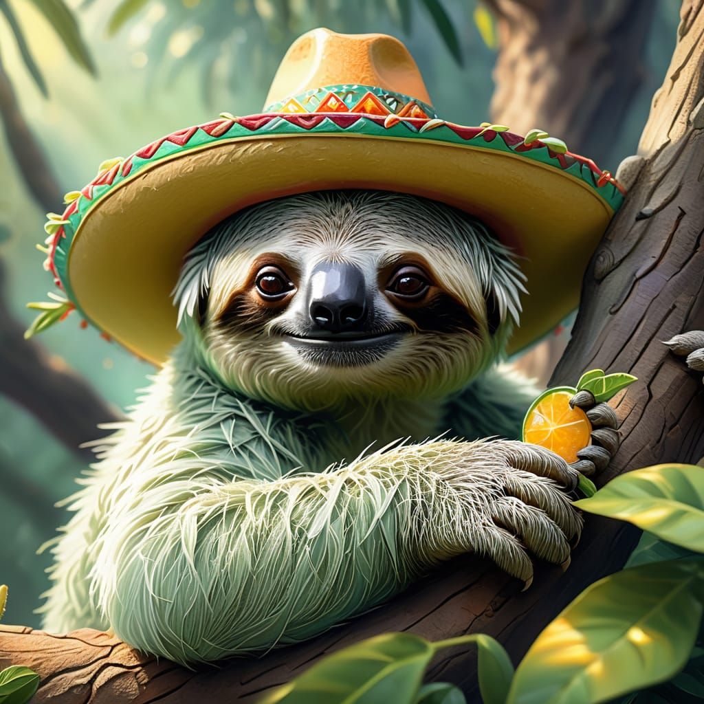 Green Sloth with Sombrero in Dreamy Oil Painting