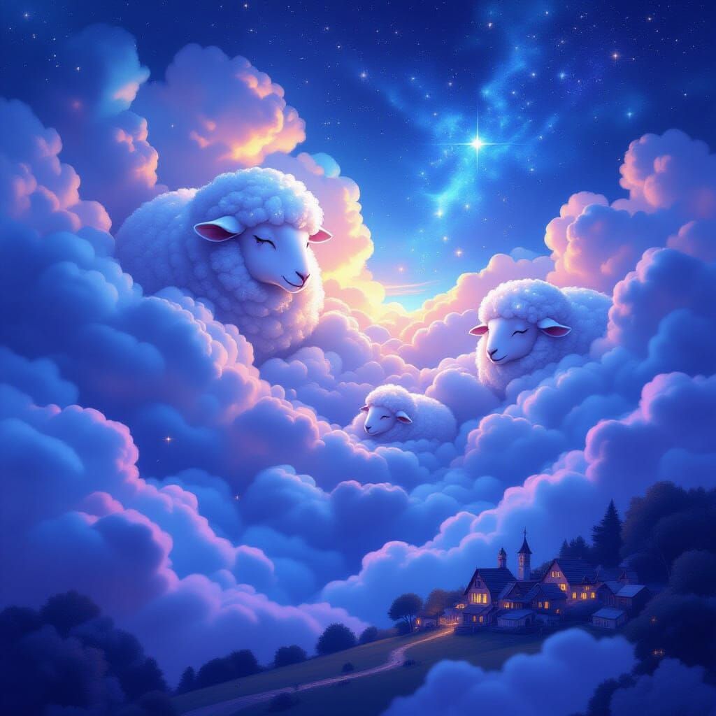Ethereal Fantasy Art: Stardust Sheep Nebula Over Sleeping Vi...