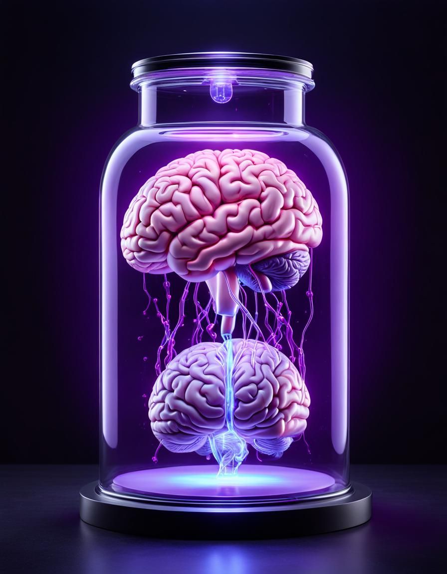 Brain in Glass Jar Glowing with Violet Light