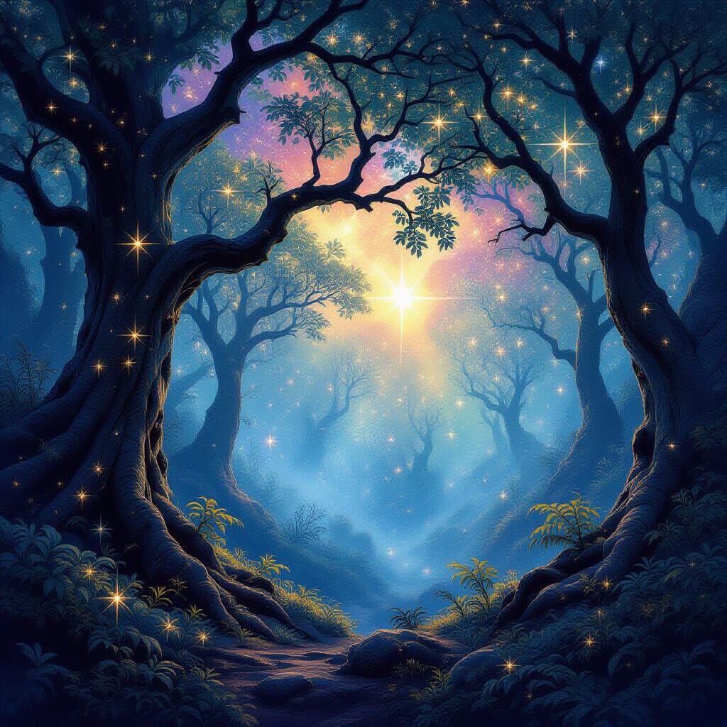 Cosmic Forest with Star-Like Branches in Epic Fantasy Style