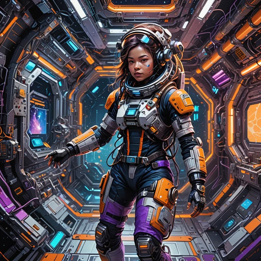 Cyberpunk Astronaut Working on Space Station