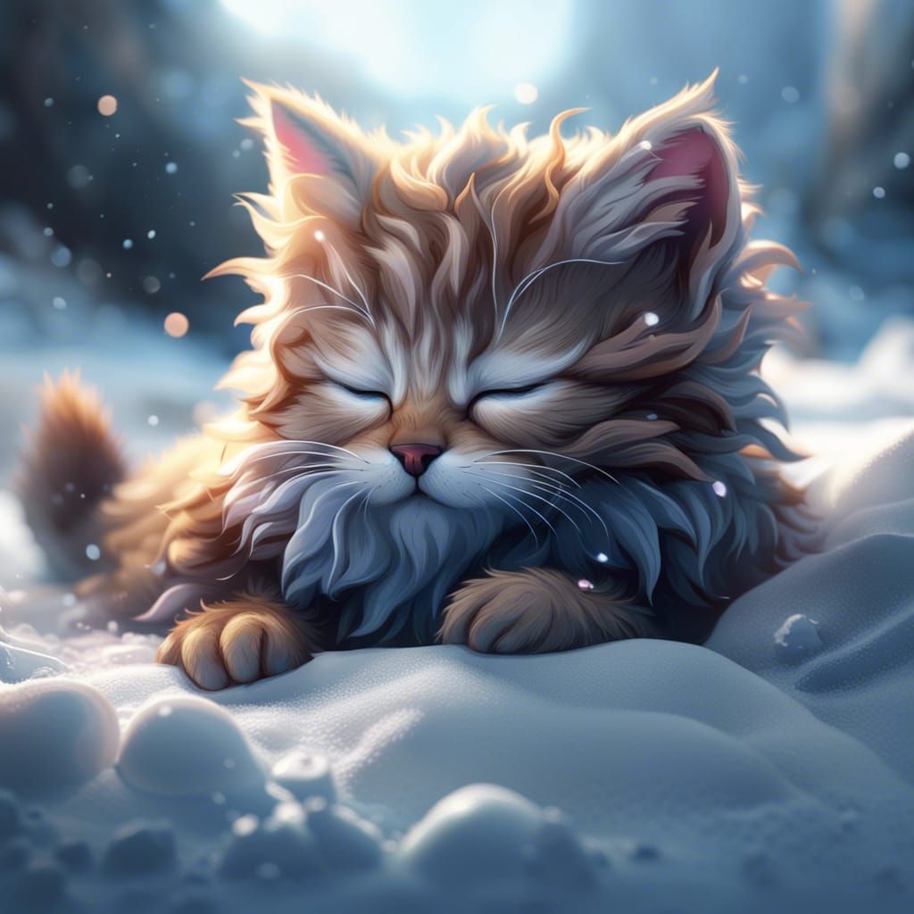kitten sleeping on the snow
