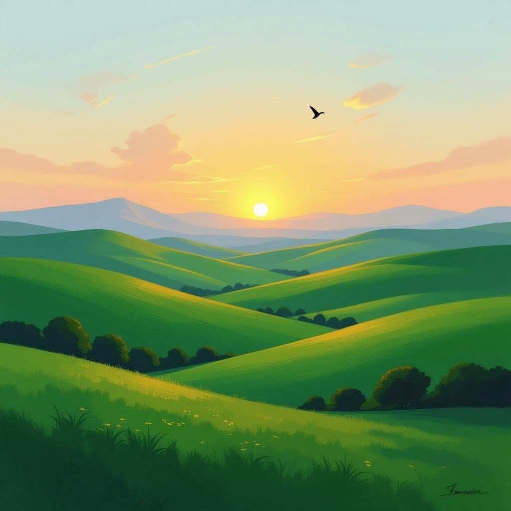 Serene Oil Painting of Emerald Hills Under a Vast Sky