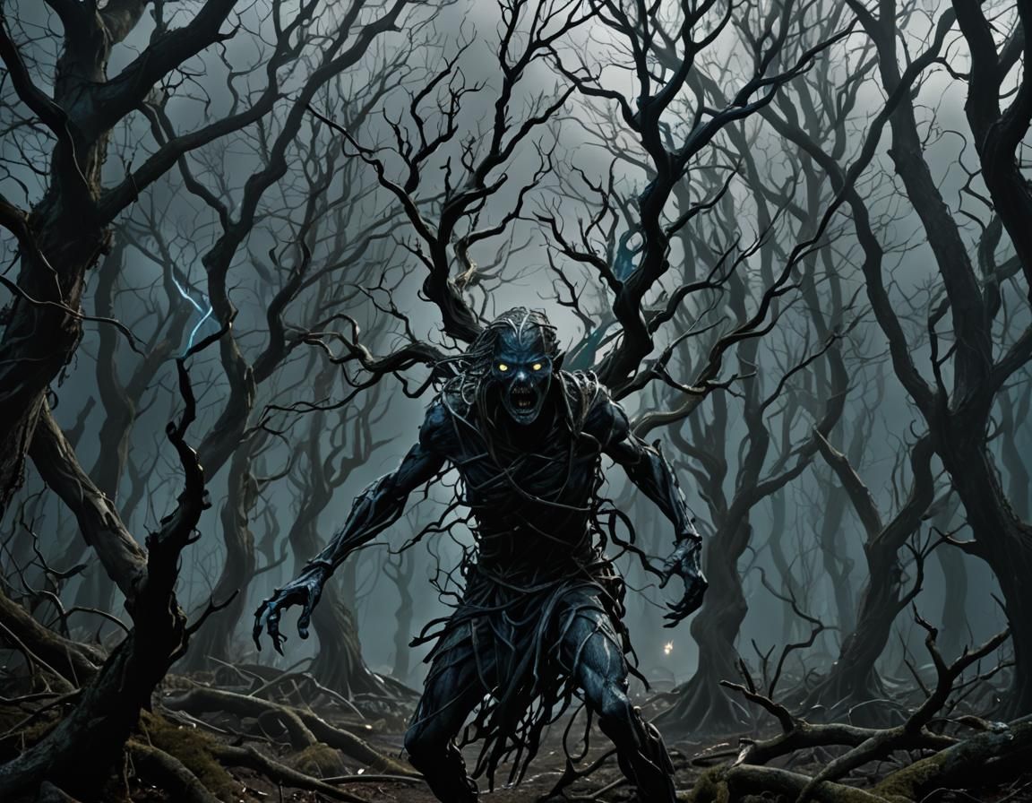Dark Fantasy Figure in Stormy Mirkwood Forest