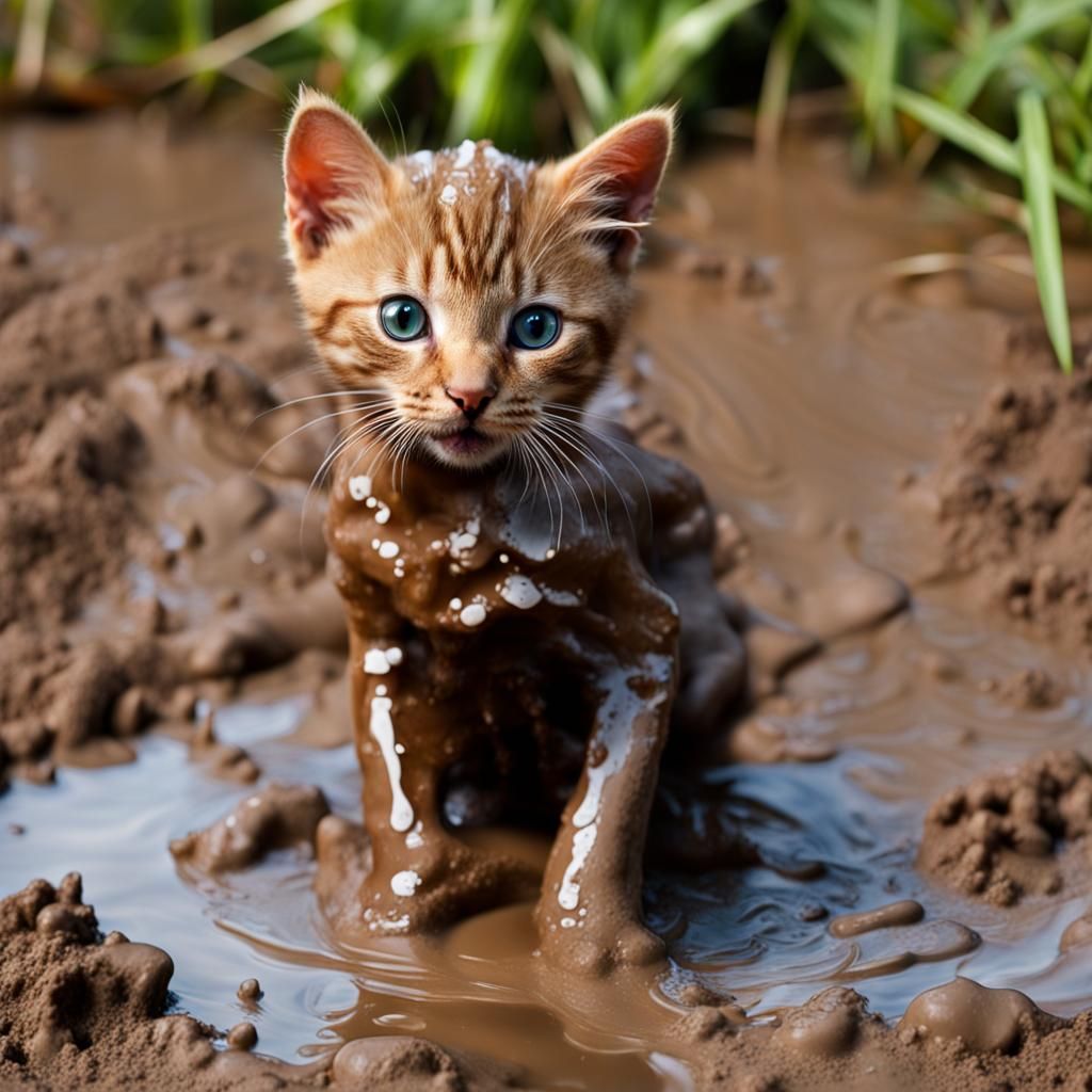 Hyperrealistic Kitten Playing in Mud