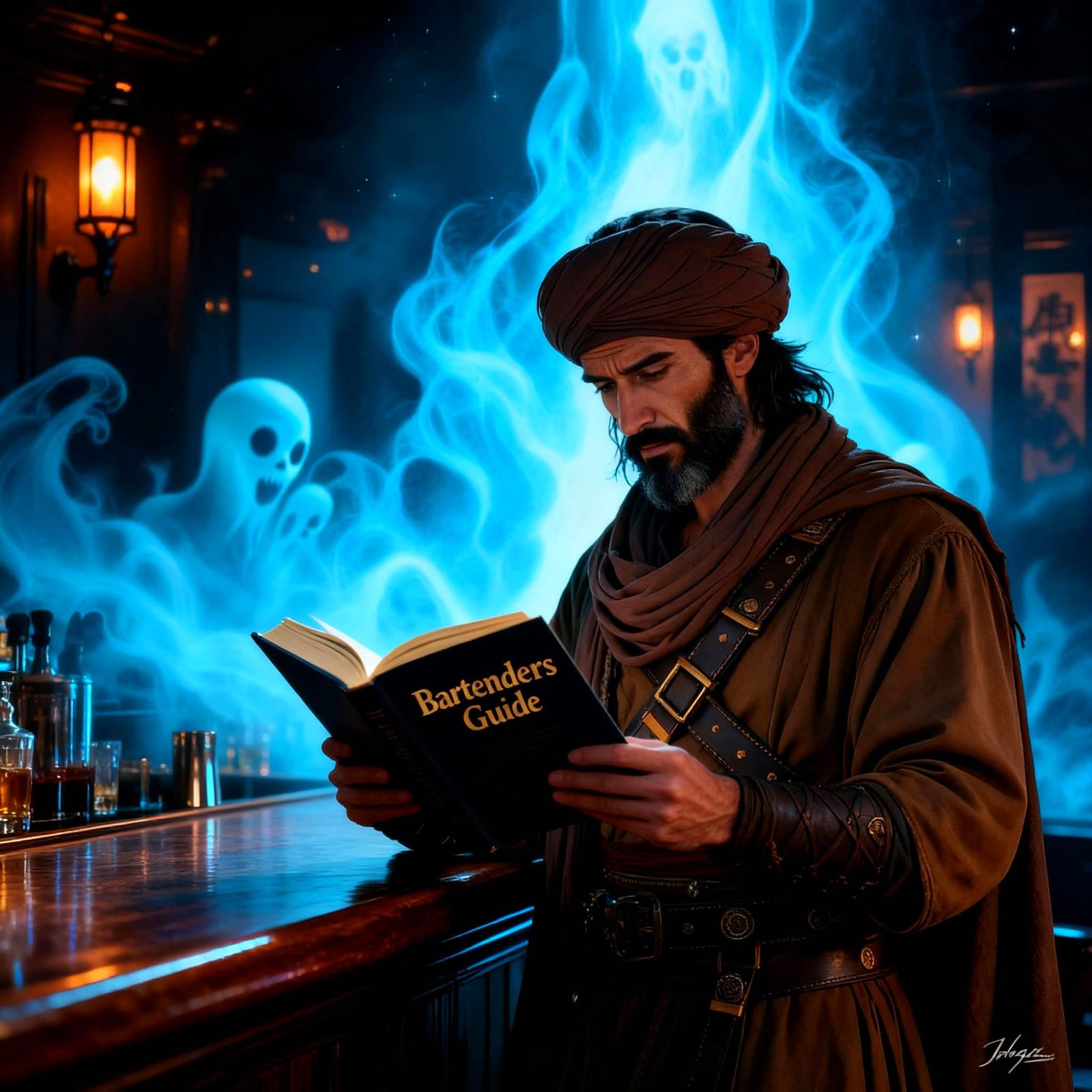 Male Bartender Reads Bartenders Guide Book