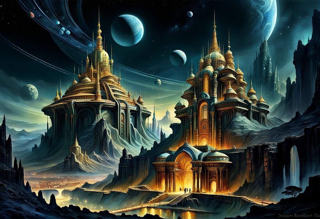 Golden Saturn Castle in Sci-Fi Landscape