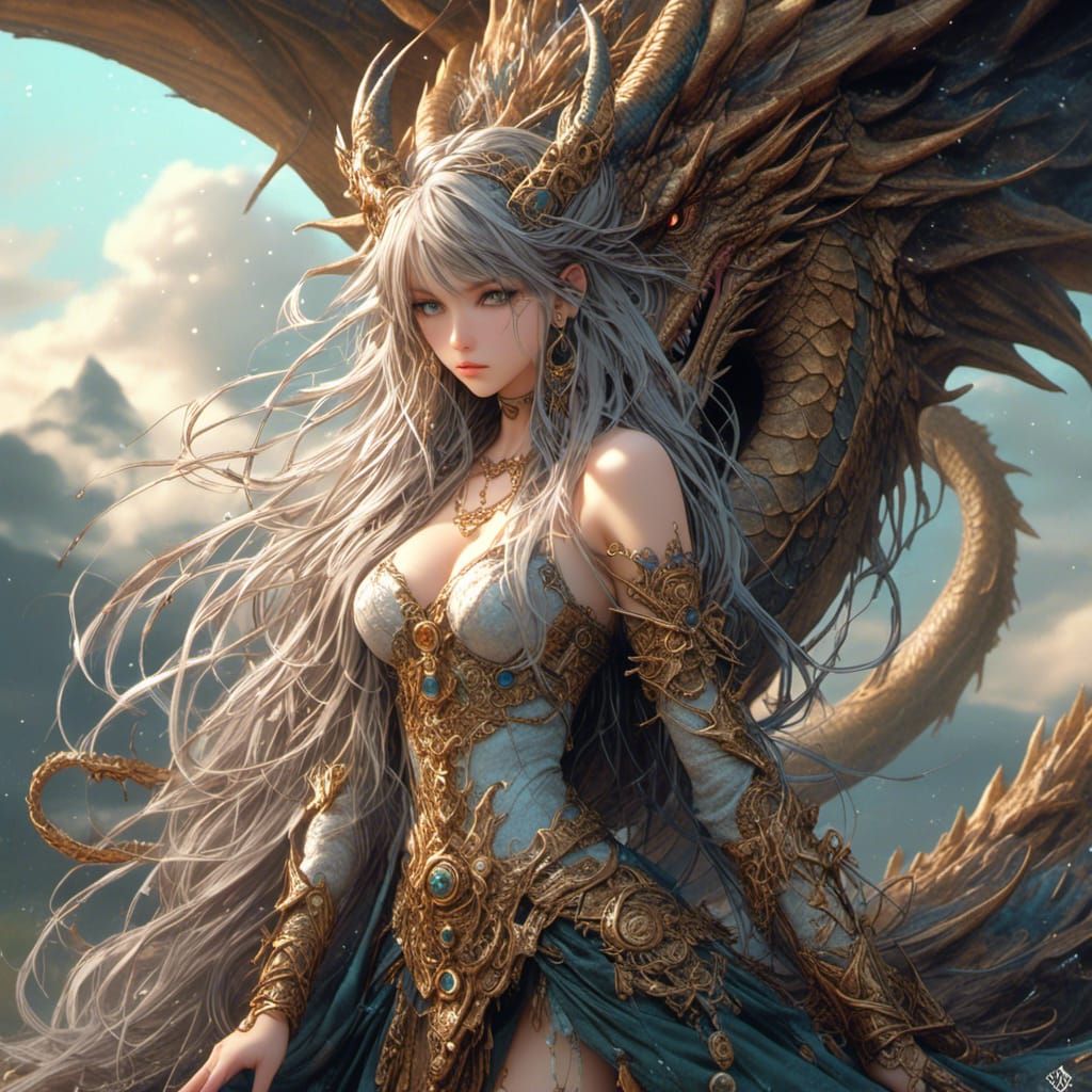 Dragon Protecting Goddess in Intricate Fantasy Art