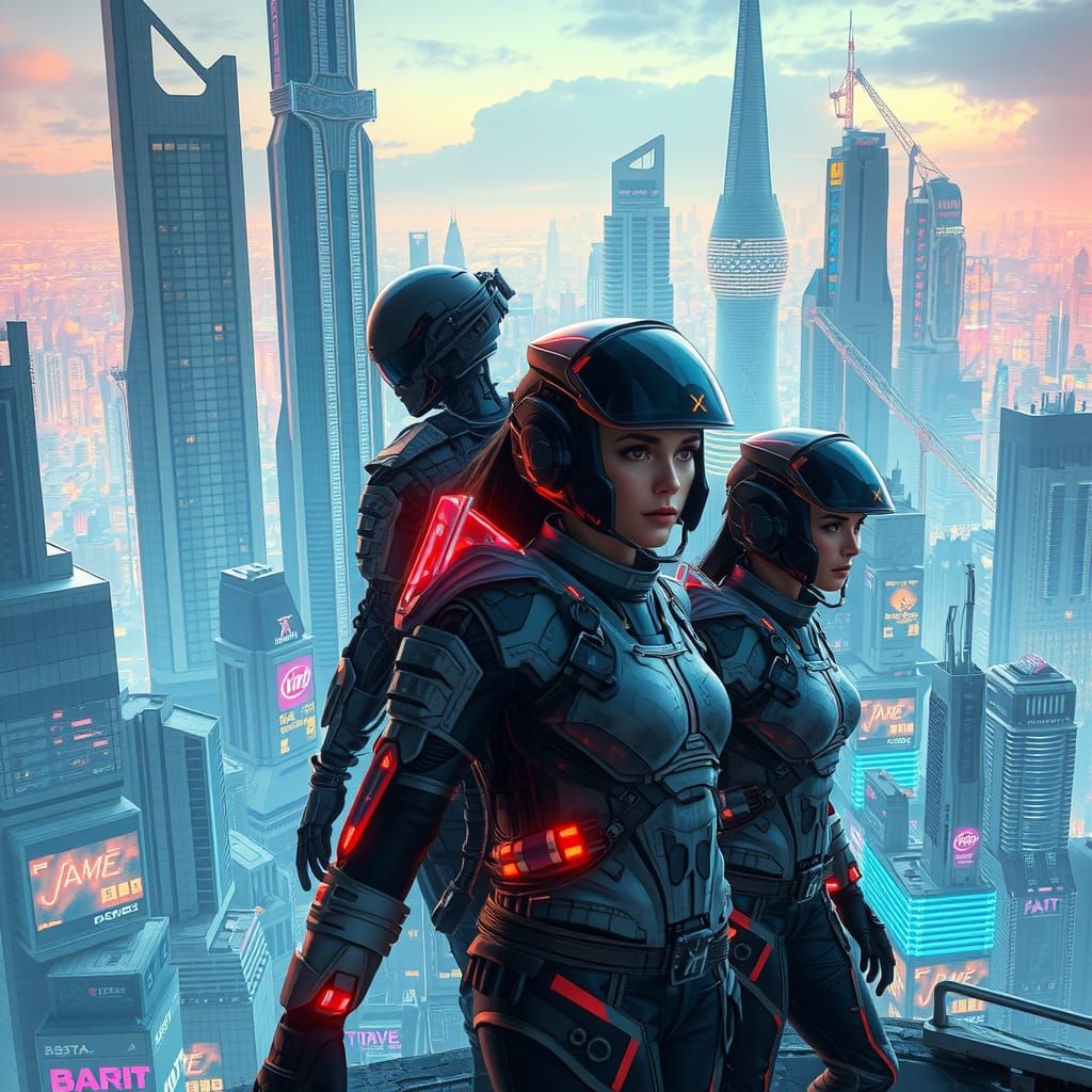 Futuristic Characters in a Neon Sci-Fi Cityscape