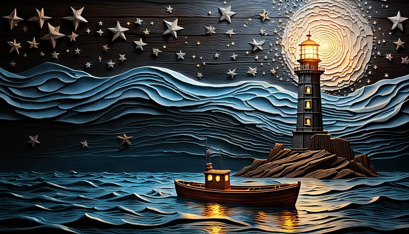 Embossed Wood Lighthouse Fantasy Art on the Sea