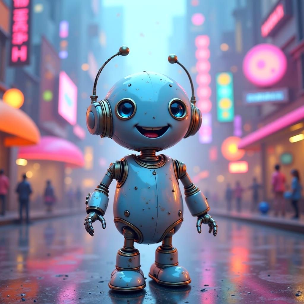Friendly Robot in Vibrant Futuristic City