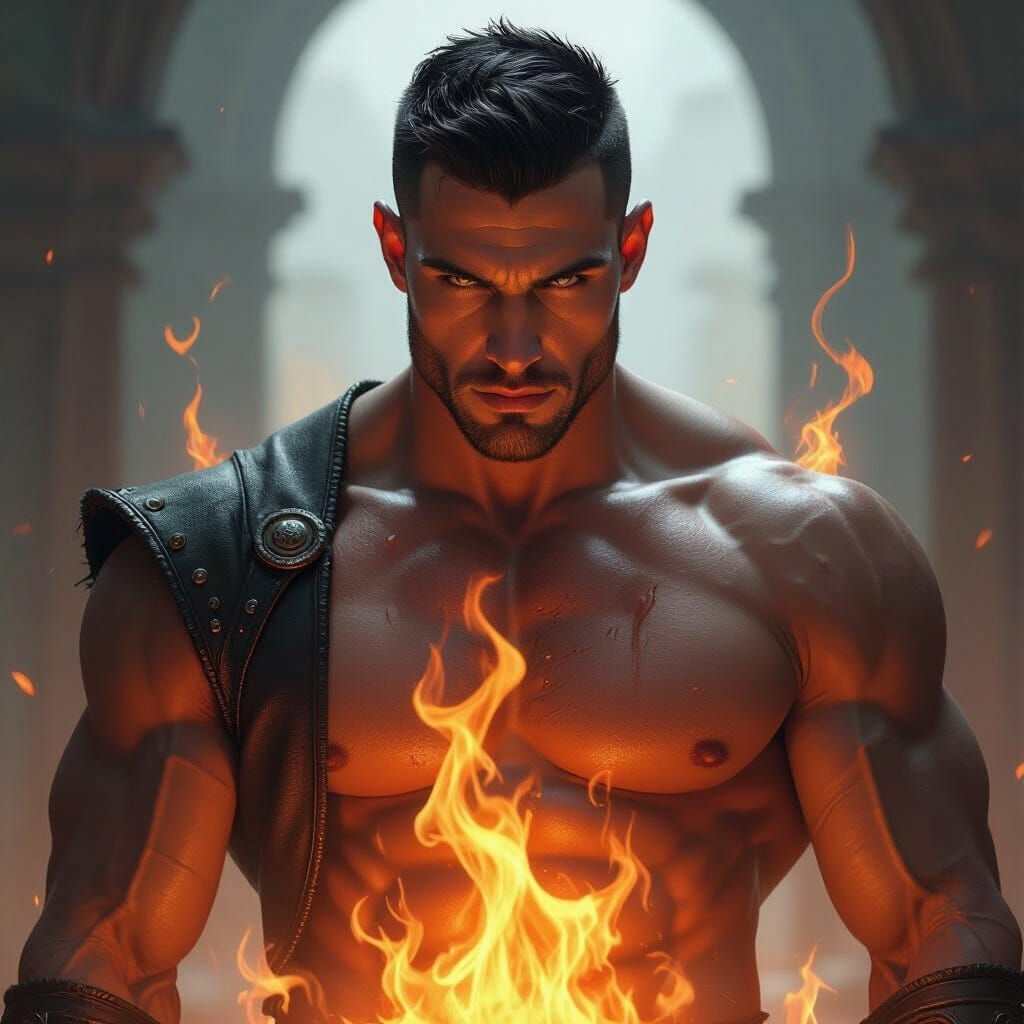 Mysterious Muscular Man with Fiery Magic Aura