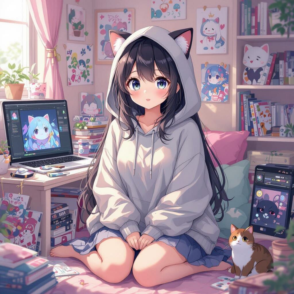 Anime Girl in Cozy Room, Dreamy Art Style