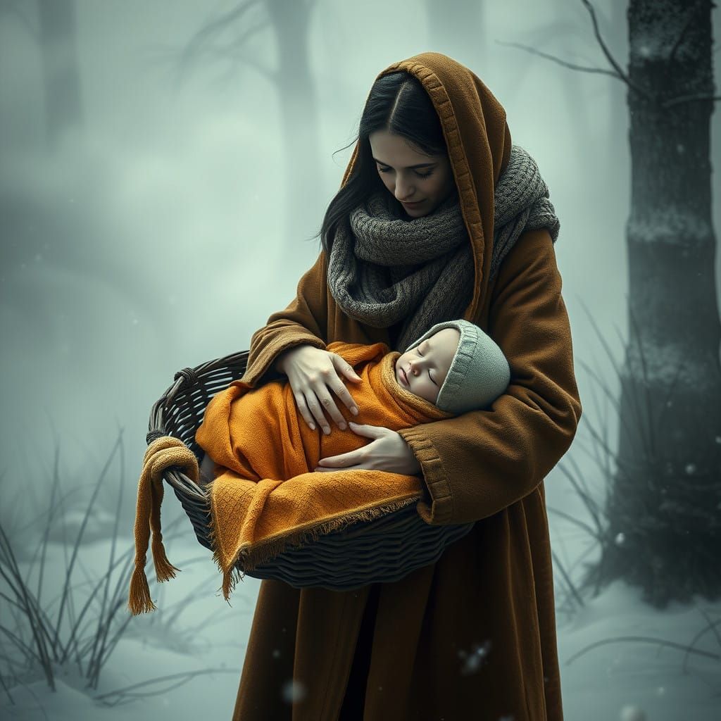 Winter Mother's Gentle Moment in Mystical Fog