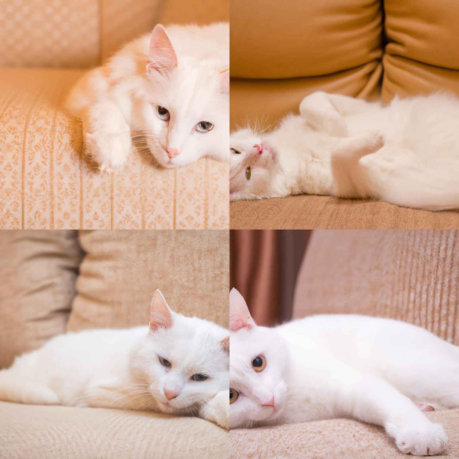 Contented White Cat Lounging on Beige Sofa