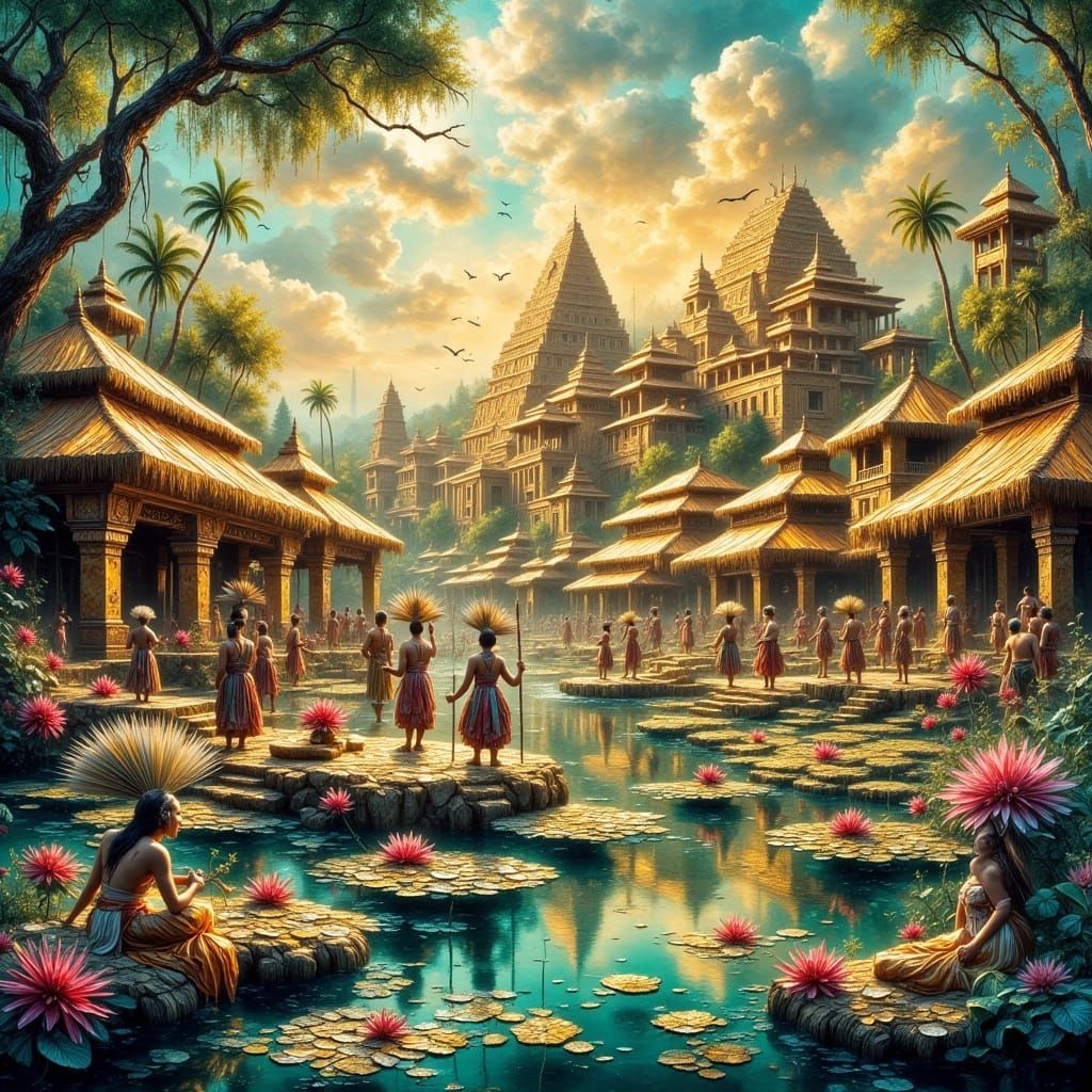 Floating City of Aztec Splendor in Golden Light