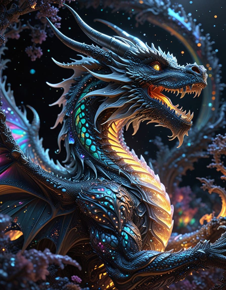 Silver Dragon Breathes Code-Flame Over Fractal Landscape