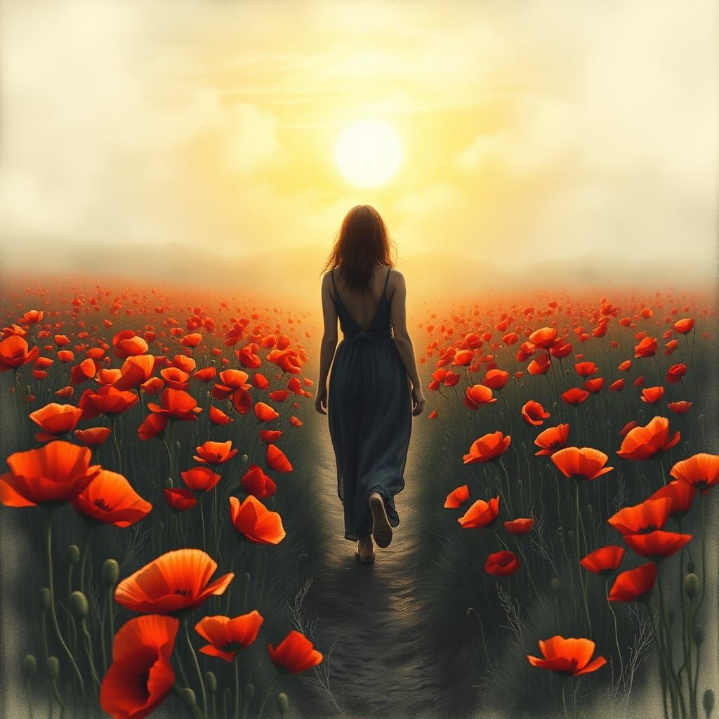 Woman in Poppy Field: Hyperdetailed Charcoal Drawing