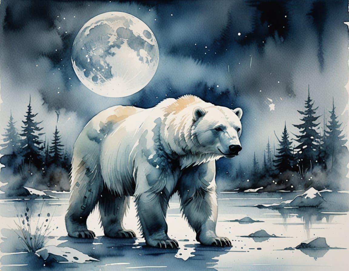 Ethereal Polar Bear Watercolor in Dreamy, Cinematic Style