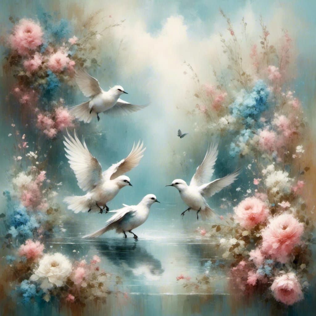 Graceful white doves in flight, surrounded by soft pastel bl...