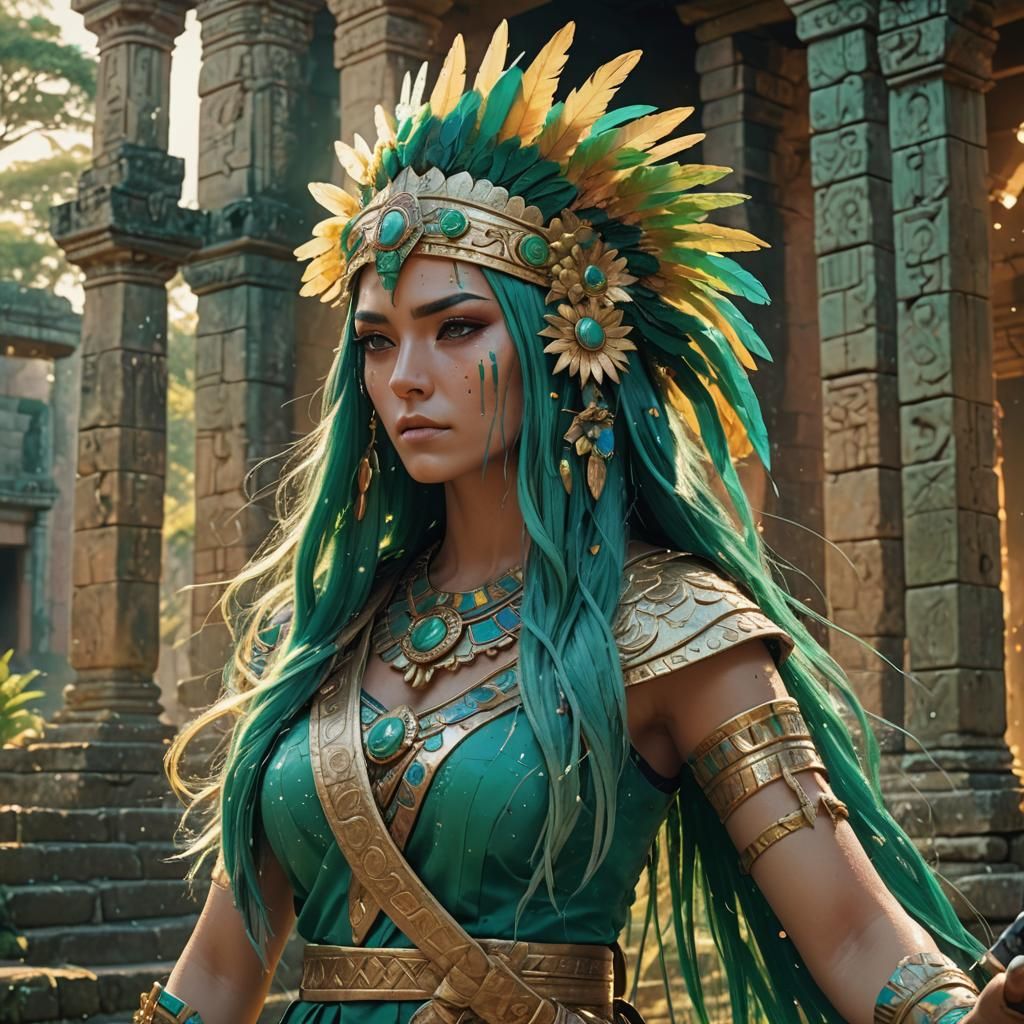 Anime Woman with Sword in Mesoamerican Ruins