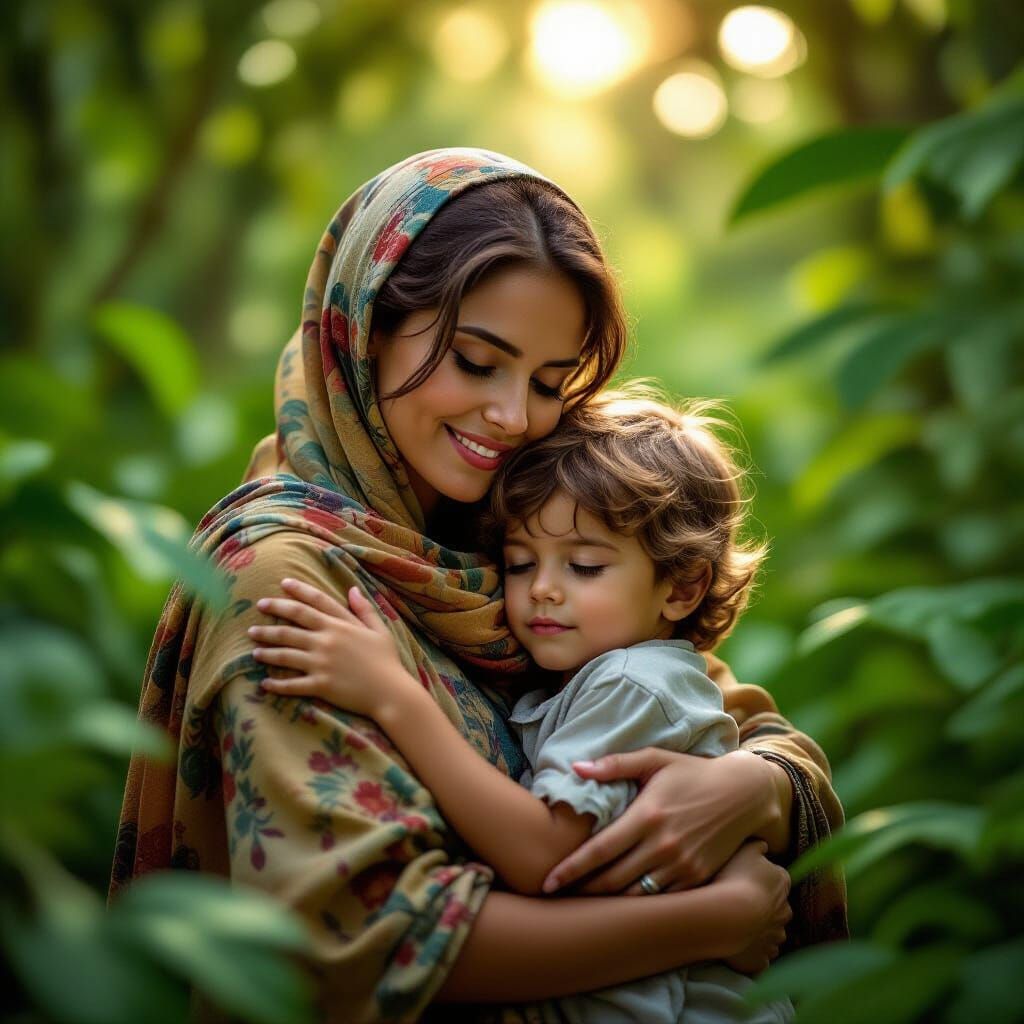 Mother's Love in Lush Jungle, Hyperrealistic Style