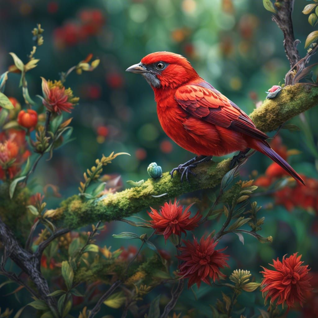 Blue Bird in Wildflower Garden: Fantasycore Art
