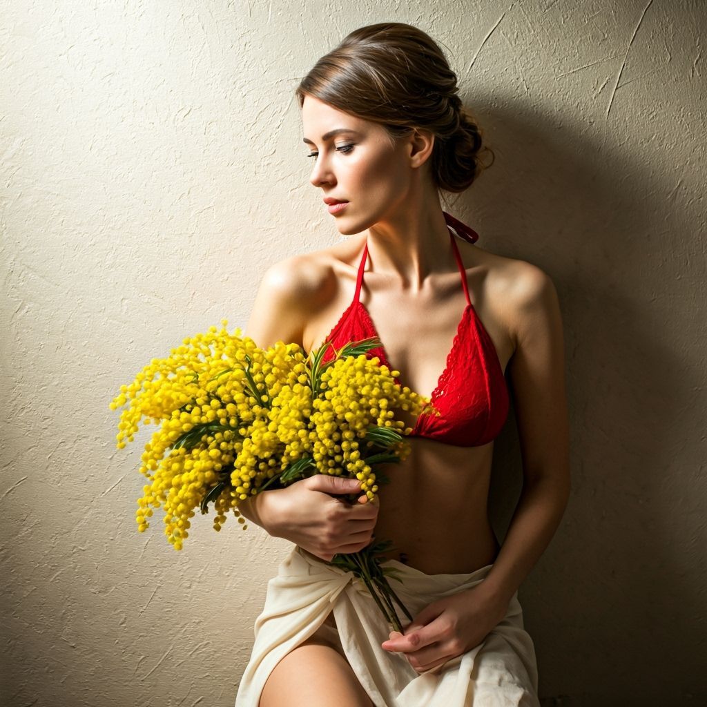 Young Woman Posed Against Textured Wall with Mimosa Bouquet