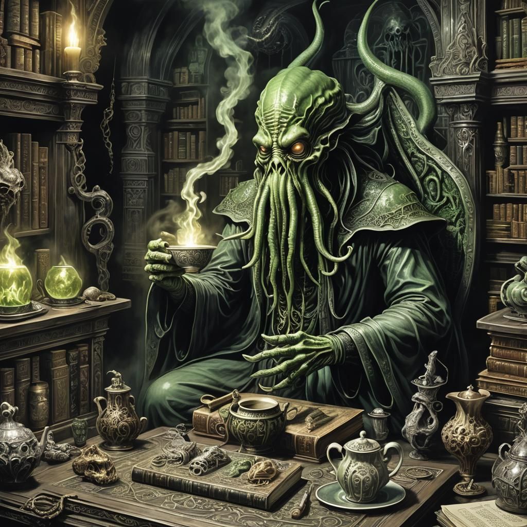 Cthulhu and Wizard Tea Party: Dark Fantasy Art
