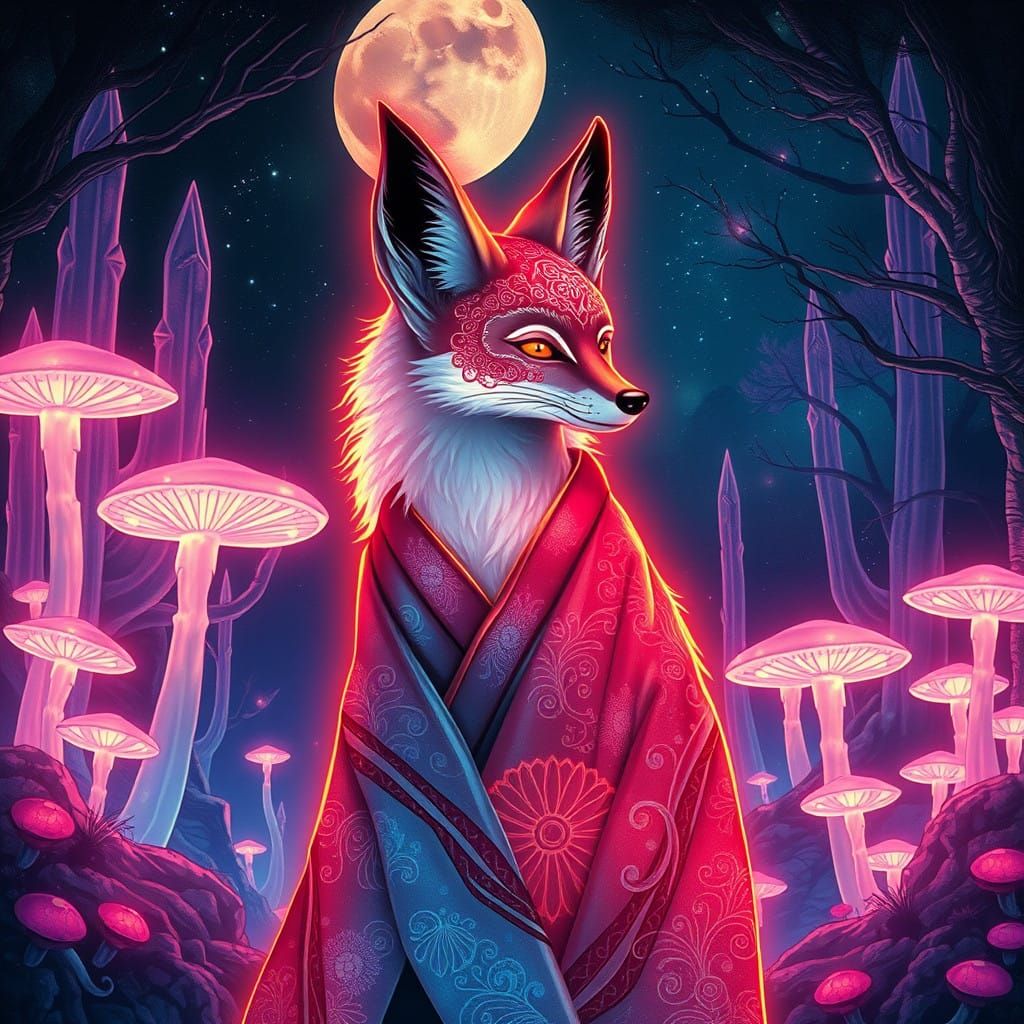 Glowing Kitsune Fox in Dreamy Bioluminescent Forest