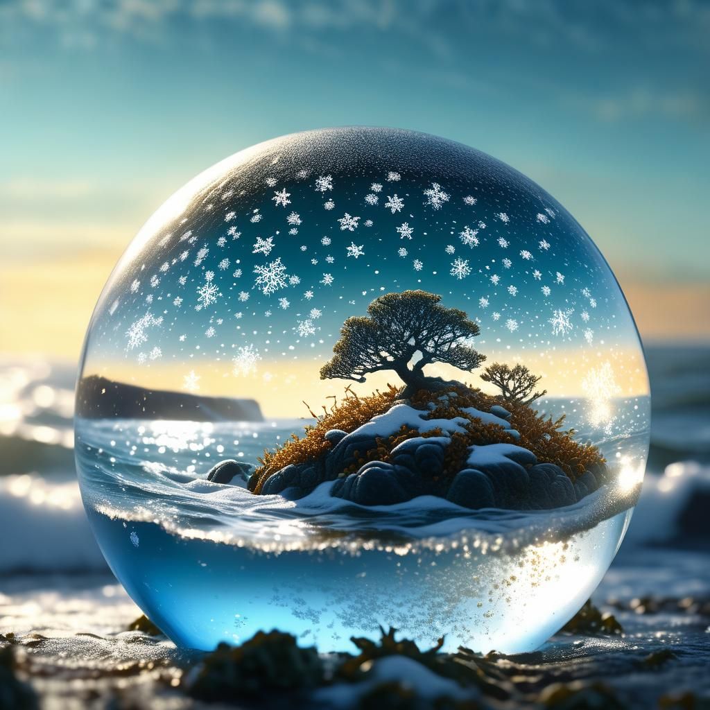Snow Globe Winter Scene Meets Summer Ocean
