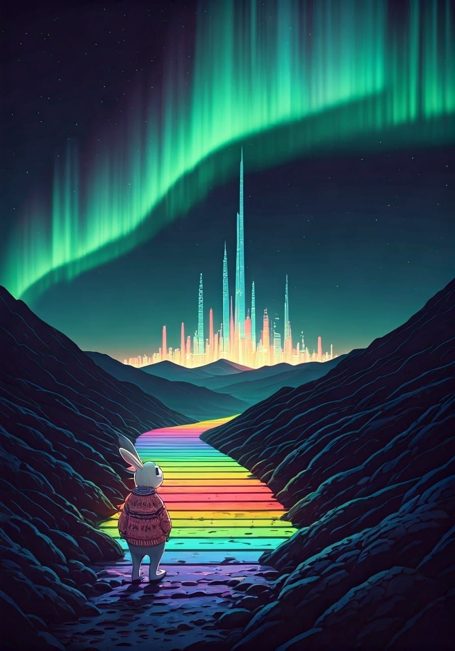 A Rabbit's Journey Through a Radiant Rainbow Cityscape