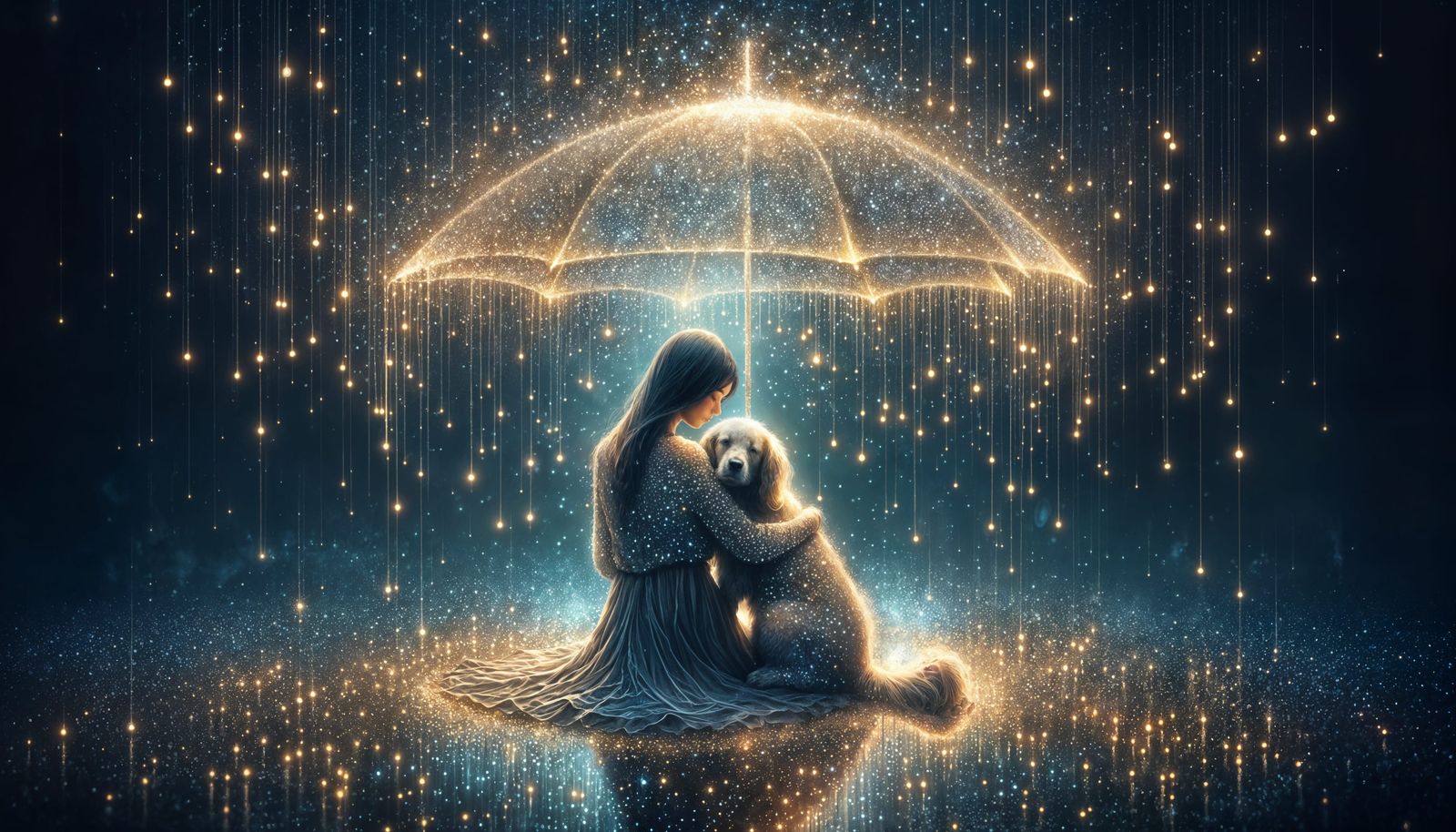 Woman and Dog Under Glowing Umbrella in Celestial Shower