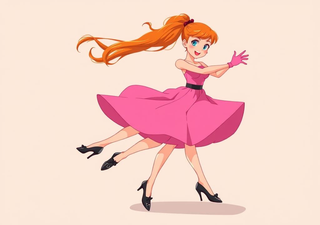 Dynamic Cartoon Woman Tap Dancing in Anime Style